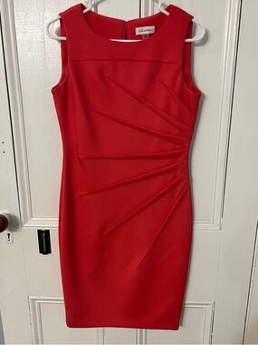 Calvin Klein Bright Red Pleated Sheath Midi Dress